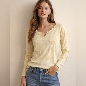 Yellow & White Striped Long Sleeve Henley Tee Lightweight Top Casual Basic